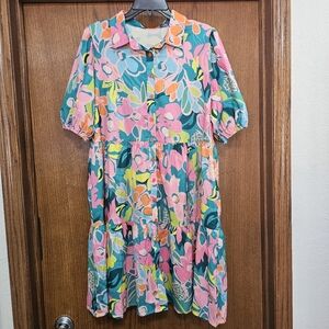 Floral Babydoll Plus Dress with Puff Sleeves Size 2X Tropical Dress Midi